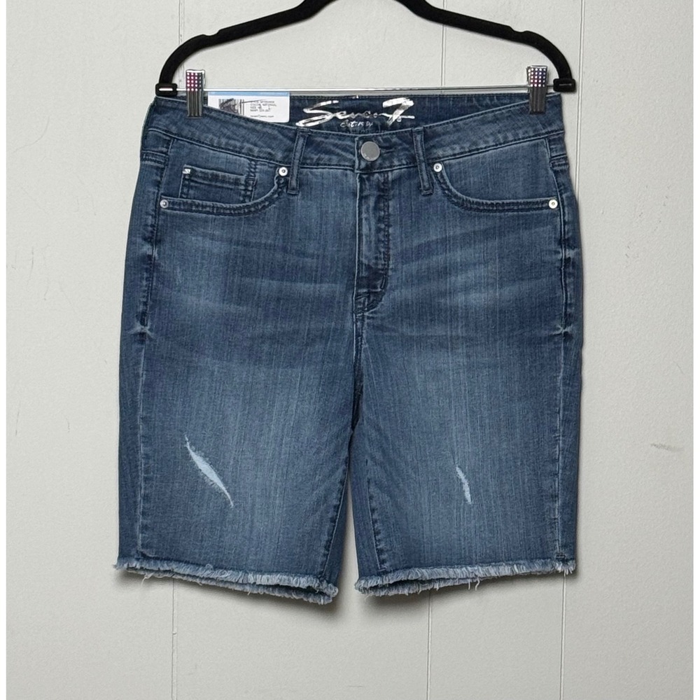 Seven7 Women's Sunset Bermuda Denim Shorts Distressed Fray Hem 9 Inseam Sz 10